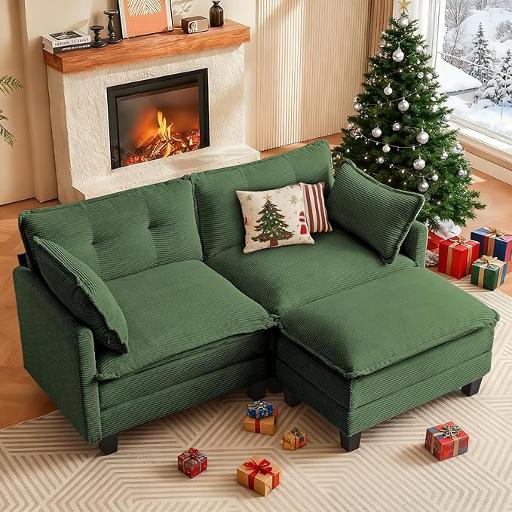 Modular Sectional Sofa, 76.5" L-Shaped Corduroy Comfy Sectional Couches for Living Room, 2-Seater Cloud Couches with 1 Movable Ottoman, Flexible Combination Modern Deep