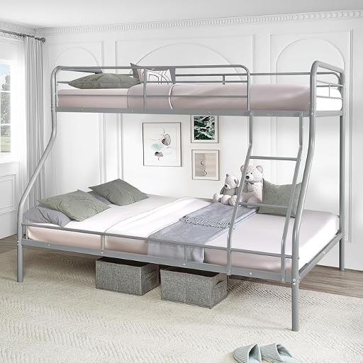 Naomi Home Twin Over Full Metal Bunk Bed with Safety Guardrails, 800 lbs Capacity, Angled Ladder, Underbed Storage, Gray, Modern Design